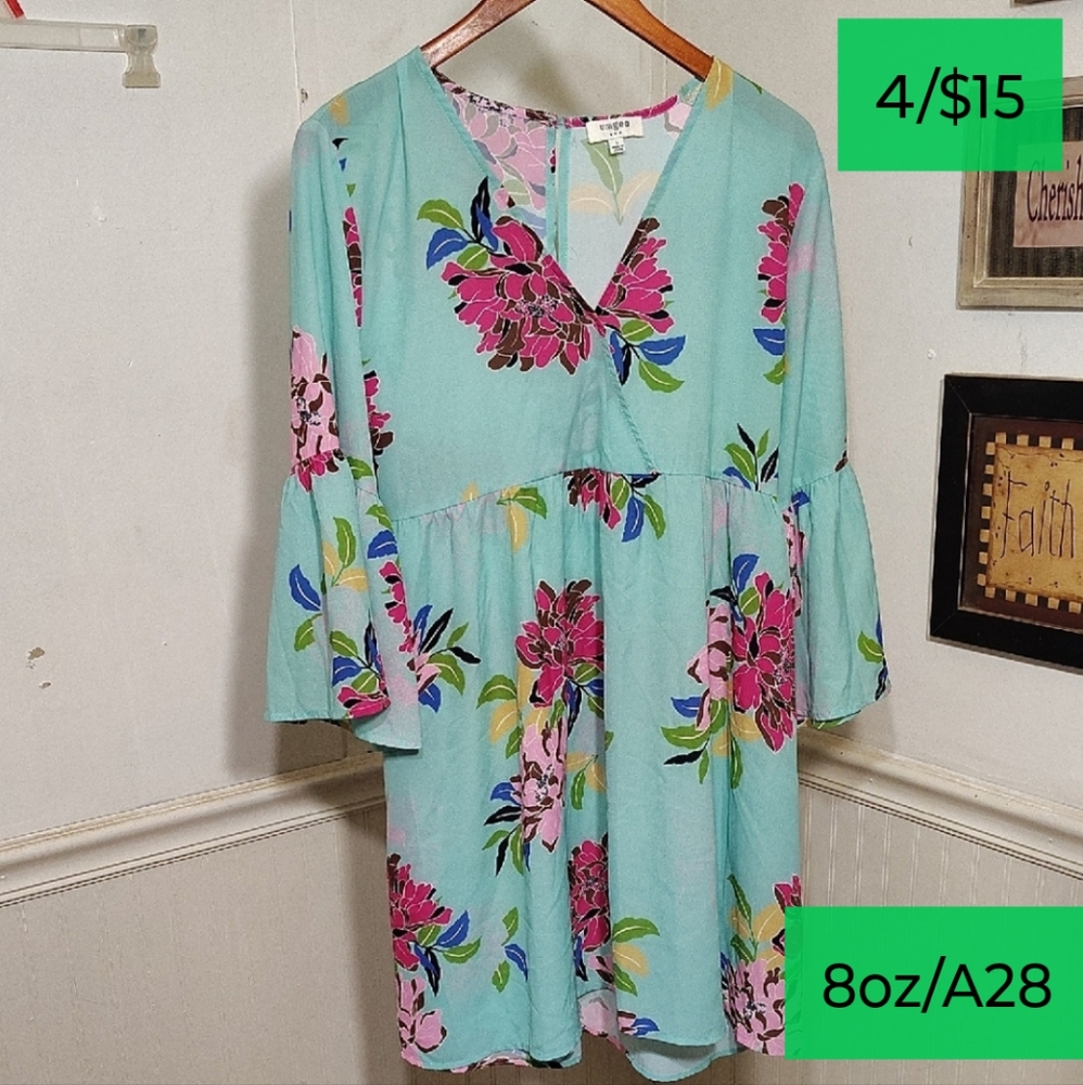 Umgee Floral Mini Dress - Aqua and Pink